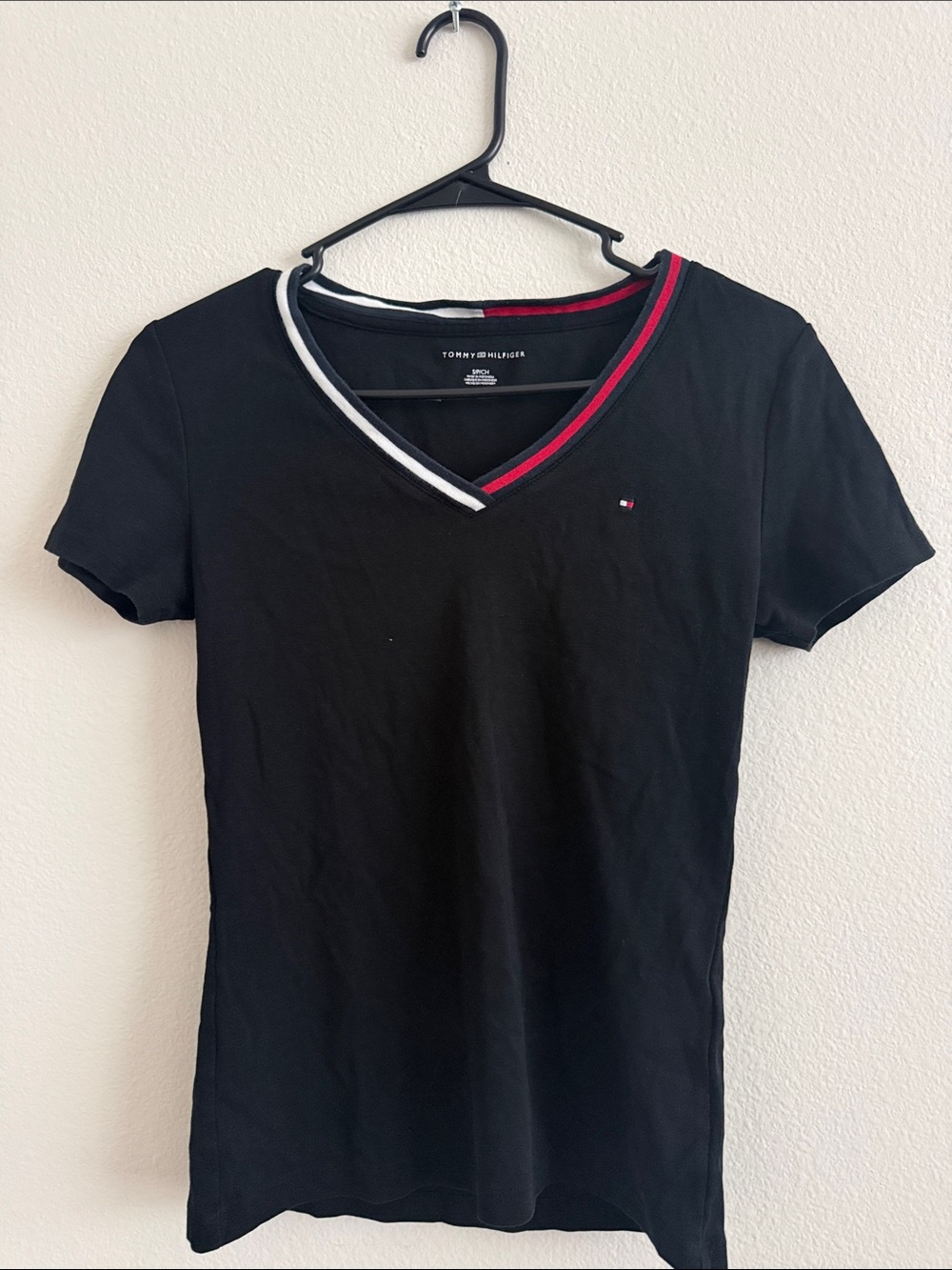 Tommy Hilfiger Black V-Neck Tee with Red and White Trim